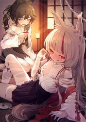 Rule 34 | 2girls, animal ears, arm support, azur lane, black hair, blunt bangs, blush, breasts, collarbone, come hither, commentary request, drunk, eorx, fox ears, fox tail, green hair, grey hair, hair ornament, hakama, hakama short skirt, hakama skirt, incense, indoors, japanese clothes, kamikaze (azur lane), lamp, licking lips, long hair, long sleeves, looking at viewer, looking down, lying, matsukaze (azur lane), multicolored hair, multiple girls, naughty face, on side, pleated skirt, ponytail, ribbon, short eyebrows, sitting, skirt, sliding doors, small breasts, smile, smoke, streaked hair, tail, tatami, tongue, tongue out, undressing, wide sleeves, yellow eyes