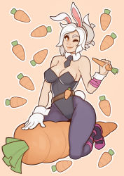 Rule 34 | 1girl, animal ears, bare shoulders, battle bunny riven, black leotard, black necktie, black pantyhose, breasts, carrot, cleavage, collar, covered erect nipples, detached collar, fake animal ears, food, full body, gloves, highres, holding, holding food, holding vegetable, league of legends, leotard, lips, looking at viewer, medium breasts, necktie, one eye closed, orange background, orange eyes, outline, oversized food, oversized object, pantyhose, pink footwear, playboy bunny, rabbit ears, rabbit tail, riding, riven (league of legends), simple background, smile, solo, splashbrush, strapless, strapless leotard, tail, vegetable, white gloves, white hair, white outline, wrist cuffs