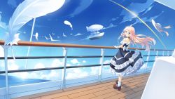 Rule 34 | 1girl, ahoge, ame no uta, blonde hair, blue eyes, day, dress, feathers, gloves, hair between eyes, hat, highres, ia (vocaloid), long hair, looking at viewer, mary janes, outdoors, parted lips, platform footwear, railing, shoes, sky, socks, solo, standing, sun hat, very long hair, vocaloid, wallpaper, water, white gloves, white socks