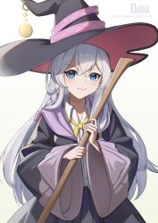 Rule 34 | 1girl, black hat, black robe, blue eyes, broom, character name, chinese commentary, closed mouth, collared shirt, commentary request, copyright name, crossed bangs, cube 981, dated, elaina (majo no tabitabi), grey hair, hair between eyes, hat, hat ribbon, highres, holding, holding broom, hooded robe, long hair, long sleeves, looking at viewer, majo no tabitabi, neck ribbon, open clothes, open robe, pink ribbon, ribbon, robe, shirt, simple background, smile, solo, upper body, white background, white shirt, wide sleeves, witch hat, yellow ribbon