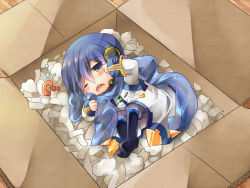 Rule 34 | 1boy, ?, blue eyes, blue hair, blue scarf, blush, box, cardboard box, in box, in container, kaito (vocaloid), kaito (vocaloid3), looking at viewer, male focus, matching hair/eyes, scarf, shinyae, sleepy, solo, vocaloid, wince