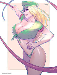 Rule 34 | 1girl, blonde hair, breasts, cleavage, commission, copyright request, green panties, hat, large breasts, long hair, looking at viewer, panties, parted lips, purple eyes, rejean dubois, solo, underwear, whip