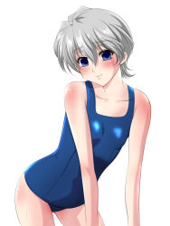Rule 34 | 00s, blue eyes, flat chest, highres, leni milchstrasse, non-web source, one-piece swimsuit, sakura taisen, school swimsuit, short hair, silver hair, solo, swimsuit