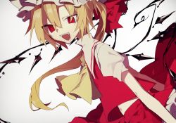 Rule 34 | 1girl, ascot, asymmetrical hair, bad id, bad twitter id, blonde hair, crystal, dutch angle, fangs, flandre scarlet, gradient background, hat, higa423, looking at viewer, midriff, mob cap, navel, open mouth, puffy sleeves, red eyes, ribbon, shirt, short sleeves, side ponytail, skirt, skirt set, smile, solo, touhou, upskirt, vest, wings