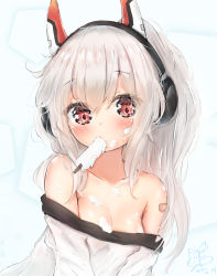 Rule 34 | 1girl, ayanami (azur lane), azur lane, bandaid, bandaid on face, bare shoulders, blush, breasts, cleavage, dirty, food, headgear, headphones, highres, long hair, mouth hold, off shoulder, ponytail, popsicle, red eyes, seboneko, shirt, silver hair, small breasts, solo, upper body, white shirt