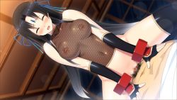 Rule 34 | 1girl, bare shoulders, black hair, blood, blush, breasts, censored, clothed sex, defloration, closed eyes, facial mark, fishnets, game cg, girl on top, large breasts, legs, long hair, ma-ko hunter, munashi mujou, nipples, no bra, no panties, open mouth, pubic hair, sex, sitting, sitting on person, thighs, vaginal