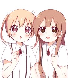 Rule 34 | 2girls, :d, :o, absurdres, blush, brown eyes, brown hair, clenched hand, collared shirt, commentary request, flying sweatdrops, hand up, happy, highres, index finger raised, light brown hair, long hair, looking at viewer, mesushio, multiple girls, neck ribbon, oomuro-ke, oomuro hanako, open mouth, red ribbon, ribbon, school uniform, shirt, simple background, smile, split mouth, suspenders, takasaki misaki (yuru yuri), twintails, upper body, very long hair, white background, white shirt, yuru yuri