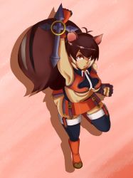 Rule 34 | &gt;:o, 1girl, :o, arc system works, ass, blazblue, blazblue: continuum shift, boots, breasts, brown eyes, brown hair, chipmunk, female focus, fist pump, full body, gradient background, highres, leggings, makoto nanaya, skirt, solo, squirrel, tail, tonfa, underboob, v-shaped eyebrows, weapon