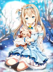 Rule 34 | 1girl, bare shoulders, blue dress, blue eyes, blush, branch, closed mouth, commentary request, dress, flower, full moon, girls&#039; frontline, head tilt, highres, layered sleeves, light brown hair, long sleeves, looking at viewer, moon, mutang, hugging object, off-shoulder dress, off shoulder, official alternate costume, outdoors, pink flower, puffy long sleeves, puffy short sleeves, puffy sleeves, see-through, short over long sleeves, short sleeves, sitting, smile, solo, stuffed animal, stuffed toy, suomi (girls&#039; frontline), suomi (korvatunturi pixie) (girls&#039; frontline), teddy bear