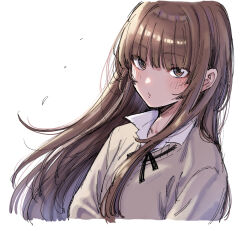 1girl amagami blunt_bangs blush brown_eyes brown_hair closed_mouth grey_sweater kamizaki_risa kibito_high_school_uniform long_hair looking_at_viewer school_uniform shouji_nigou simple_background solo sweater upper_body white_background