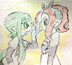 Rule 34 | + +, 2girls, agent 8 (splatoon), bad id, bad twitter id, blunt bangs, color trace, colored pencil (medium), green eyes, green hair, inkling, inkling girl, inkling player character, looking at another, multiple girls, nintendo, octoling, octoling girl, octoling player character, open mouth, pointy ears, red eyes, red hair, splatoon (series), splatoon 2, takozonesu, tentacle hair, traditional media, upper body