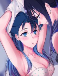 Rule 34 | 2girls, age difference, armpits, arms up, blue eyes, blue hair, blush, bra, breasts, cleavage, closed mouth, earrings, eye contact, heart, heart print, hugtto! precure, jewelry, long hair, looking at another, medium breasts, multiple girls, negom, precure, purple hair, smile, underwear, undressing, white bra, yakushiji saaya, yuri