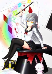 Rule 34 | 196502, 1girl, box, rabbit, collarbone, doll, elsword, eve (elsword), facial mark, forehead jewel, hat, highres, lock, long hair, magician, silver hair, sitting, sitting on object, smile, star (symbol), wand
