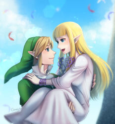 Rule 34 | 1boy, 1girl, :d, artist name, blonde hair, blue eyes, blue sky, bracelet, breasts, carrying, cloud, day, dress, earrings, eye contact, feathers, green headwear, hetero, jewelry, light brown hair, link, looking at another, medium breasts, nintendo, open mouth, outdoors, princess carry, princess zelda, sangachie, sidelocks, sky, smile, the legend of zelda, white dress
