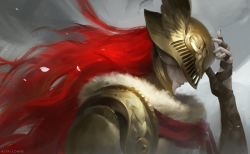 Rule 34 | 1girl, astri lohne sjursen, closed mouth, covered eyes, elden ring, fur collar, grey background, hand up, helmet, highres, long hair, malenia blade of miquella, profile, prosthesis, prosthetic arm, red hair, solo, upper body
