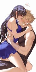Rule 34 | 1boy, 1girl, back, backless dress, backless outfit, bandaged arm, bandages, bare arms, bare legs, bare shoulders, black hair, blonde hair, blue dress, blue eyes, blush, breasts, cloud strife, couple, dress, duoj ji, earrings, final fantasy, final fantasy vii, final fantasy vii remake, hands on another&#039;s back, heart, hetero, highres, hug, jewelry, kiss, kissing nose, large breasts, long hair, looking at another, mouth pull, neck ribbon, official alternate costume, purple dress, ribbon, short dress, sitting, sitting on lap, sitting on person, sleeveless, sleeveless dress, sleeveless turtleneck, spiked hair, square enix, straddling, tifa lockhart, tifa lockhart (refined dress), turtleneck, upright straddle, wall market, white background