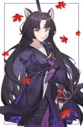Rule 34 | 1girl, absurdres, animal ears, arknights, black hair, black kimono, brown eyes, cowboy shot, facial mark, fingerless gloves, forehead mark, gloves, grin, highres, japanese clothes, kimono, leaf, long hair, looking at viewer, parted lips, purple gloves, saga (arknights), smile, solo, very long hair, white background, wuzhu nis