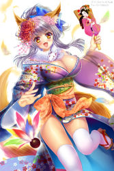 Rule 34 | 1girl, :d, a.yuuki, animal ears, breasts, cleavage, flower, fur trim, geta, hair flower, hair ornament, japanese clothes, kimono, large breasts, long hair, open mouth, original, seiken orochi chronicle, silver hair, smile, solo, tail, thighhighs, white thighhighs, yellow eyes