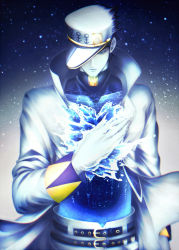 Rule 34 | 1boy, absurdres, air bubble, alo (m-o-k-e-k-e), arm at side, belt, black hair, blue eyes, blue theme, bubble, closed mouth, coat, hand on own chest, handprint, hat, hat over one eye, highres, jojo no kimyou na bouken, kuujou joutarou, long coat, long sleeves, looking down, male focus, one eye covered, pale skin, pants, print headwear, print shirt, shirt, solo, star (sky), torn clothes, torn hat, turtleneck, upper body, water, water print, waves, white coat, white hat, white pants