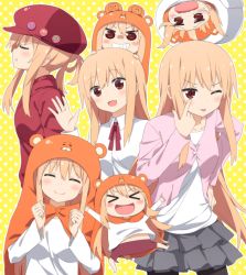 Rule 34 | &gt; &lt;, 10s, 1girl, :d, ^ ^, akanbe, animal hood, black skirt, blonde hair, blush, brown eyes, cabbie hat, chibi, clenched hands, closed eyes, doma umaru, eyelid pull, futon, goribote, hat, himouto! umaru-chan, hood, jacket, komaru (himouto! umaru-chan), long hair, multiple persona, multiple views, open mouth, pantyhose, polka dot, polka dot background, pout, school uniform, skirt, smile, tongue, tongue out, wavy mouth