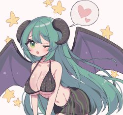 Rule 34 | 1girl, aliceyawnin, bare shoulders, bikini, bikini top only, black bikini, black shorts, blush, breasts, chestnut mouth, cleavage, collarbone, commission, cowboy shot, demon girl, demon wings, female focus, green eyes, green hair, groin, heart, horns, large breasts, leaning forward, long hair, looking at viewer, navel, one eye closed, open mouth, original, pink background, shiny skin, short shorts, shorts, simple background, solo, speech bubble, spoken heart, standing, star (symbol), striped clothes, striped shorts, swimsuit, teeth, underboob, very long hair, wings