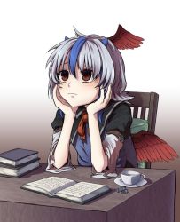 Rule 34 | 1girl, arm belt, black shirt, blue dress, book, book stack, chair, commentary request, creamer packet, cup, desk, dress, elbows on table, expressionless, fingernails, hair between eyes, hands on own face, head wings, highres, horns, kusiyan, layered sleeves, looking to the side, looking up, multicolored hair, neck ribbon, open book, pinafore dress, red eyes, red ribbon, ribbon, saucer, shirt, short hair, silver hair, sleeveless, sleeveless dress, solo, streaked hair, teacup, tokiko (touhou), touhou, wings