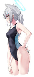 Rule 34 | 1girl, absurdres, animal ears, black one-piece swimsuit, blue archive, blush, breasts, closed mouth, collarbone, competition swimsuit, covered navel, cowboy shot, cropped legs, eyewear on head, from side, goggles, goggles on head, grey hair, hair between eyes, halo, hand on own hip, highleg, highleg swimsuit, highres, long hair, long sleeves, medium breasts, off shoulder, one-piece swimsuit, open clothes, ponytail, shiroko (blue archive), shiroko (swimsuit) (blue archive), sidelocks, simple background, solo, standing, swimsuit, thighs, toshizou (0714), white background
