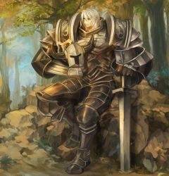 Rule 34 | 1boy, armor, blue eyes, branch, dragon&#039;s crown, fake horns, fighter (dragon&#039;s crown), forest, hand on hilt, helmet, highres, holding, horned helmet, knight, leaf, male focus, nature, planted, planted sword, planted weapon, rock, short hair, sitting, solo, sword, tree, weapon, white hair