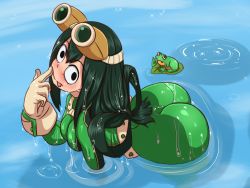Rule 34 | 10s, 1girl, ass, asui tsuyu, bent over, black eyes, black hair, blush, bodysuit, boku no hero academia, breasts, finger to mouth, frog, frog girl, gloves, goggles, goggles on head, goldmondsel, kibazoku, long hair, looking at viewer, partially submerged, pond, solo, sparkle, tongue, tongue out, water, wet