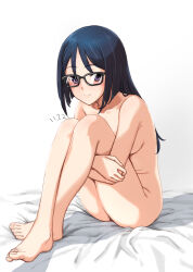 Rule 34 | 1girl, absurdres, alice gear aegis, barefoot, black hair, blush, breasts, completely nude, crossed ankles, feet, female pubic hair, glasses, highres, hugging own legs, knees to chest, long hair, looking at viewer, momoshina fumika, mutsumura ryuuichi, nude, pubic hair, pubic hair peek, purple eyes, sitting, small breasts, smile, solo, toes