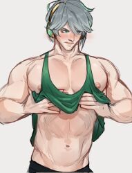Rule 34 | 1boy, abs, alhaitham (genshin impact), black pants, clothes lift, genshin impact, green eyes, green tank top, headphones, highres, male focus, muscular, muscular male, pants, pectorals, shirt lift, simple background, solo, tank top, waevdoodles, white background