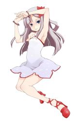 Rule 34 | 1girl, arms up, bad id, bad twitter id, bare shoulders, blue eyes, bracelet, dress, flower, hair flower, hair ornament, highres, jewelry, light smile, looking at viewer, original, shoes, short dress, silver hair, solo, strapless, strapless dress, uni mate, white background, white dress