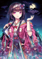 Rule 34 | 1girl, absurdres, bad id, bad pixiv id, bat (animal), brown hair, cloud, earrings, fate/grand order, fate (series), fingernails, floral print, fujimaru ritsuka (female), full moon, hair ornament, hand up, highres, japanese clothes, jewelry, kimono, long hair, may (2747513627), meta, miyamoto musashi (fate), moon, night, night sky, origami, osakabehime (fate), parted lips, pink eyes, sidelocks, sky, solo, very long hair, wide sleeves