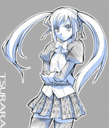 Rule 34 | 10s, 1girl, amatsuka tsurara, baby princess, blue theme, crossed arms, grey background, juliet sleeves, long sleeves, looking at viewer, marumi, monochrome, puffy sleeves, sidelocks, simple background, solo, standing, thighhighs, twintails, zettai ryouiki