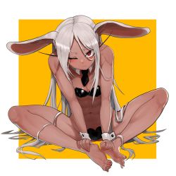 Rule 34 | 1girl, abs, animal ears, bad id, bad twitter id, bare legs, barefoot, blush, boku no hero academia, breasts, butterfly sitting, cleavage, closed mouth, covered erect nipples, dark-skinned female, dark skin, detached collar, eungi, hands on feet, heart pasties, highres, leaning forward, long eyelashes, long hair, looking at viewer, meme attire, mirko, nail polish, navel, necktie, one eye closed, parted bangs, pasties, rabbit ears, rabbit girl, red eyes, red nails, reverse bunnysuit, reverse outfit, short necktie, sitting, small breasts, soles, solo, toenail polish, toenails, toes, toned, very long hair, white hair