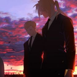 Rule 34 | 2boys, alphonse elric, blonde hair, brothers, cloud, cloudy sky, commentary request, edward elric, formal, fullmetal alchemist, looking down, male focus, multiple boys, necktie, p0ckylo, ponytail, sad, shirt, short hair, siblings, sky, standing, suit, sunset, tombstone, white shirt