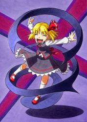 Rule 34 | 1girl, :d, ^ ^, blonde hair, darkness, closed eyes, frilled skirt, frills, hair ribbon, kawachi koorogi, open mouth, outstretched arms, ribbon, rumia, shirt, skirt, smile, spread arms, touhou, vest