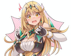 Rule 34 | 1girl, bare shoulders, blonde hair, breasts, chest jewel, cleavage, cleavage cutout, clothing cutout, dress, earrings, elbow gloves, gloves, highres, jewelry, kurokaze no sora, large breasts, long hair, mythra (xenoblade), short dress, solo, swept bangs, tiara, very long hair, white dress, white gloves, xenoblade chronicles (series), xenoblade chronicles 2, yellow eyes