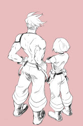 Rule 34 | 2boys, bae (baebae), boots, crossed arms, detached sleeves, firefighter, from behind, galo thymos, hands on own hips, highres, lio fotia, monochrome, multiple boys, promare, shirt, single detached sleeve, t-shirt, topless male