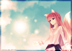 Rule 34 | 00s, animal ears, bad id, bad pixiv id, brown hair, holo, long hair, red eyes, saki (pixiv303252), solo, spice and wolf, tail, wolf ears, wolf tail
