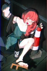 Rule 34 | 1girl, ;d, bare shoulders, black nails, blunt bangs, blush, bocchi the rock!, bottle, braid, dress, flat chest, geta, green dress, highres, hiroi kikuri, jacket, long hair, looking at viewer, one eye closed, open mouth, red eyes, red hair, sandals, sexmiss, sharp teeth, sitting, smile, solo, spread legs, teeth, traffic cone