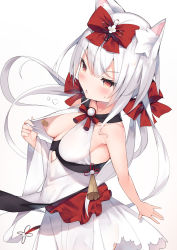 Rule 34 | 1girl, :o, animal ear fluff, animal ears, azur lane, bandaid, bandaids on nipples, bare arms, bare shoulders, blush, bow, breasts, cat ears, cat girl, cisyo, cleavage cutout, clothing cutout, cowboy shot, dress, from side, hair bow, halter dress, halterneck, highres, long hair, looking at viewer, looking to the side, low twintails, medium breasts, parted lips, pasties, red bow, red eyes, silver hair, simple background, sleeveless, sleeveless dress, solo, tassel, twintails, v-shaped eyebrows, very long hair, white background, white dress, yukikaze (azur lane), yukikaze (winter&#039;s snowy wind) (azur lane)