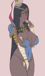 Rule 34 | 1girl, armor, bandaged arm, bandages, black hair, blush, breasts, circlet, commentary request, covered navel, cowboy shot, dark-skinned female, dark skin, fate/grand order, fate (series), finger to mouth, green eyes, hair ornament, hand up, jewelry, large breasts, long hair, looking at viewer, open mouth, panties, parted bangs, pauldrons, pink background, ring, sagging breasts, scheherazade (fate), shoulder armor, simple background, smile, solo, standing, underwear, very long hair, white panties, zakusi