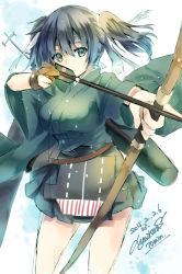 Rule 34 | 10s, 1girl, arrow (projectile), bad id, bad pixiv id, blue hair, bow (weapon), breasts, cowboy shot, dated, drawing bow, gloves, hair ribbon, headband, highres, holding bow (weapon), japanese clothes, kantai collection, large breasts, partially fingerless gloves, partly fingerless gloves, quiver, ribbon, short twintails, signature, solo, souryuu (kancolle), twintails, weapon, yugake, yuihira asu