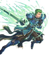 Rule 34 | 1boy, arm guards, armor, armored boots, blue eyes, boots, fire emblem, fire emblem: mystery of the emblem, fire emblem heroes, full body, gloves, green hair, highres, holding, holding sword, holding weapon, izuka daisuke, looking away, luke (fire emblem), male focus, nintendo, official art, open mouth, pants, pauldrons, shoulder armor, solo, sword, teeth, transparent background, weapon