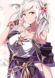 1girl absurdres bare_shoulders breasts brown_eyes cleavage closed_mouth collarbone fire_emblem fire_emblem_awakening fire_emblem_heroes flower hair_flower hair_ornament highres looking_at_viewer nintendo robin_(female)_(fire_emblem) robin_(female)_(valentine)_(fire_emblem) robin_(fire_emblem) smile solo to_(tototo_tk) twintails upper_body white_hair zoom_layer