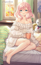 Rule 34 | 1girl, :d, aran sweater, barefoot, blue eyes, breasts, cable knit, cleavage, commission, cup, curtains, day, hagino kouta, hair between eyes, highres, holding, holding cup, indoors, long hair, long sleeves, looking at viewer, medium breasts, mug, off-shoulder sweater, off shoulder, on bed, open mouth, original, pillow, pink hair, puffy long sleeves, puffy sleeves, skeb commission, sleeves past wrists, smile, solo, stuffed animal, stuffed rabbit, stuffed toy, sweater, twitter username, white sweater, window