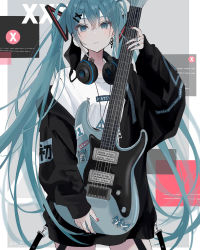 Rule 34 | 1girl, alternate costume, aqua background, aqua eyes, aqua hair, barcode, barcode tattoo, black jacket, border, commentary, earrings, english text, finger tattoo, guitar, hair ornament, hairclip, hatsune miku, headphones, headphones around neck, highres, holding, holding instrument, instrument, jacket, jewelry, long hair, long sleeves, looking at viewer, nail polish, neck tattoo, number earrings, red nails, romaji text, shirt, simple background, single earring, sleeves past wrists, sutera sea, tattoo, twintails, unamused, very long hair, vocaloid, white shirt, x hair ornament