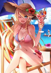 Rule 34 | 10s, 3girls, american flag, american flag bikini, american flag print, bad id, bad pixiv id, bikini, blonde hair, blue eyes, breasts, cleavage, deck chair, flag print, hair between eyes, hat, iowa (kancolle), kantai collection, large breasts, long hair, multiple girls, one eye closed, open mouth, parfait, print bikini, red hair, star-shaped pupils, star (symbol), striped, surfboard, swimsuit, symbol-shaped pupils, uki, vertical stripes, z1 leberecht maass (kancolle), z3 max schultz (kancolle)