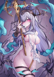 Rule 34 | 1girl, absurdres, angelfish, arknights, arm guards, blush, breasts, broken staff, closed mouth, collarbone, cowboy shot, female focus, fish, front ponytail, gradient background, grey hair, grey headwear, groin, hair between eyes, heart, heart-shaped pupils, highres, holding, holding staff, long hair, looking at viewer, looking back, low-tied long hair, medium breasts, navel, nipples, nude, pink background, qinshi-ji, red eyes, shawl, skadi (arknights), skadi the corrupting heart (arknights), skadi the corrupting heart (sublimation) (arknights), solo, staff, stomach, symbol-shaped pupils, thigh strap, very long hair